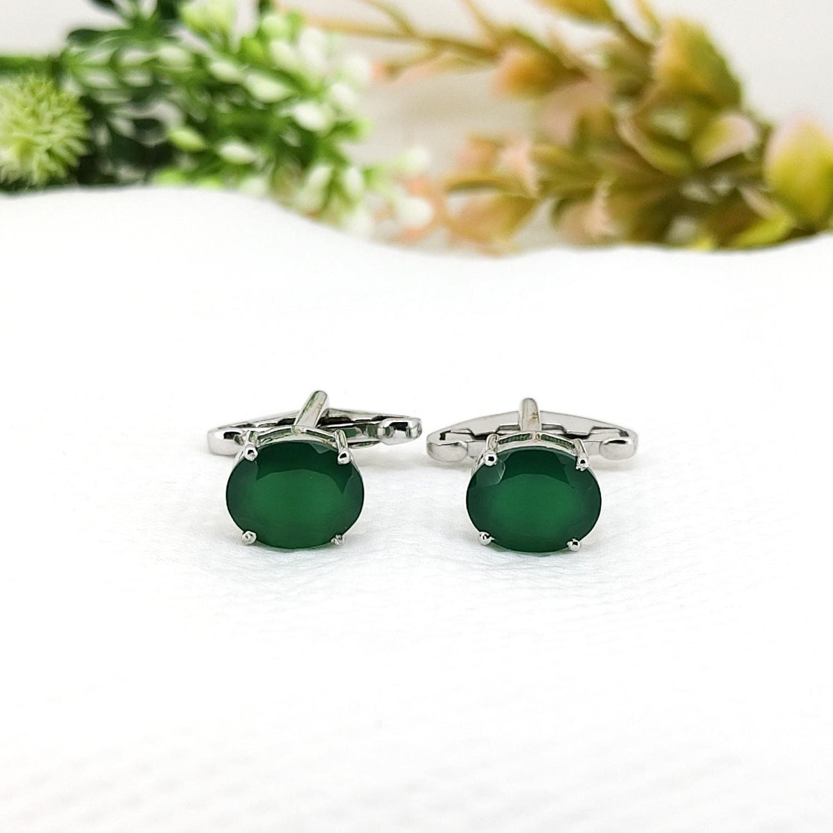 Green Onyx Cufflinks Sterling Silver, May Birthstone Gift for Him, Handmade Oval Men's