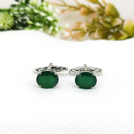 Green Onyx Cufflinks Sterling Silver, May Birthstone Gift for Him, Handmade Oval Men's