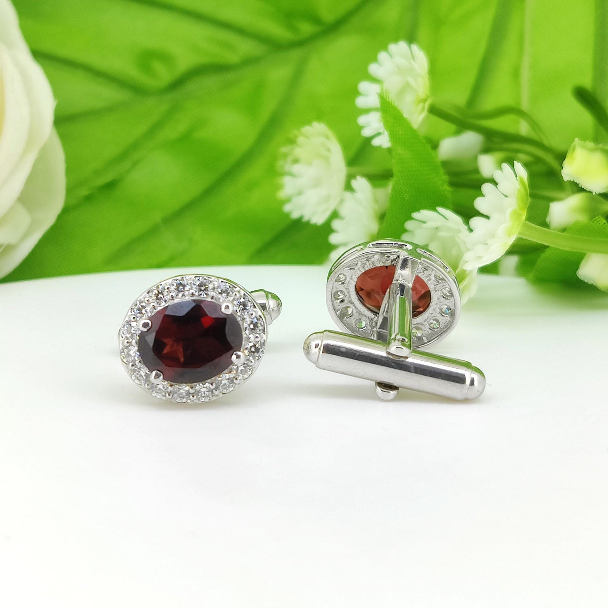 Natural Garnet Sterling Silver Cufflinks, Halo Cluster Men's Jewelry (January Birthstone)