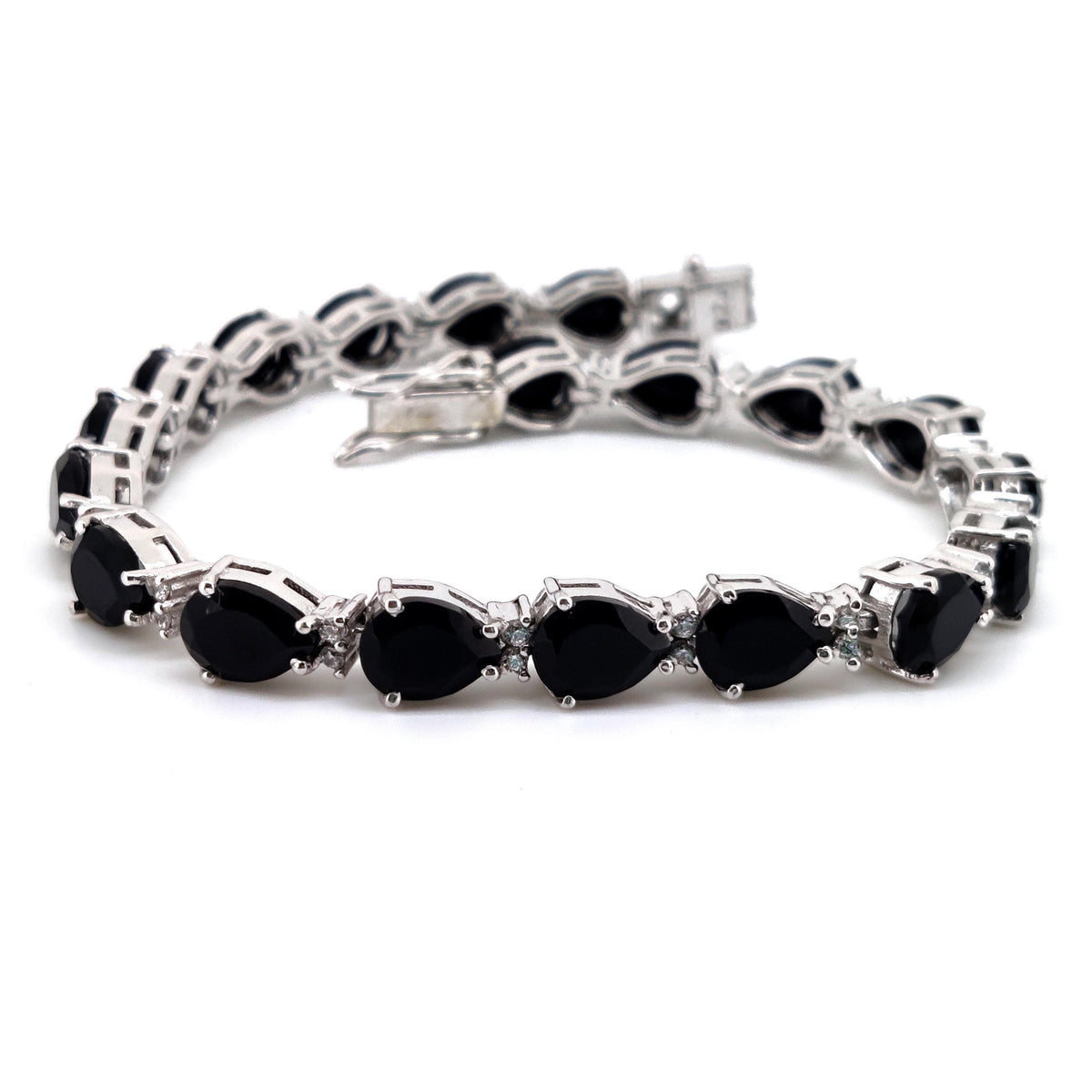 Natural Black Onyx Pear Tennis Bracelet, 6x8mm Sterling Silver Gemstone Bracelet
