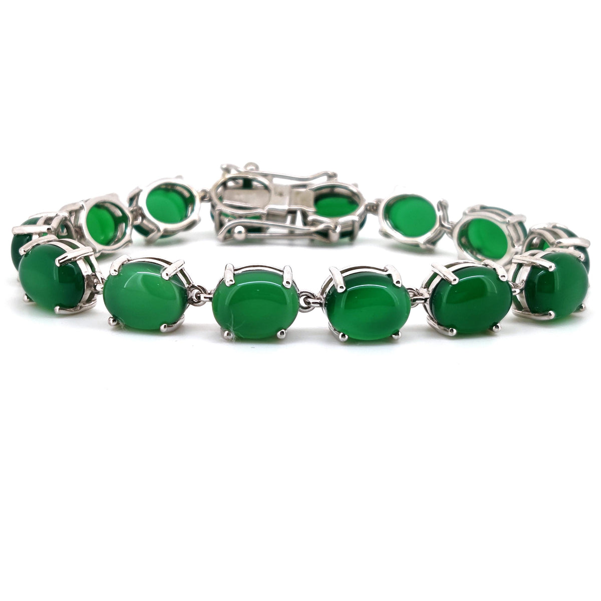 Green Onyx Oval Cabochon Tennis Bracelet, Sterling Silver May Birthstone Jewelry