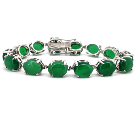 Green Onyx Oval Cabochon Tennis Bracelet, Sterling Silver May Birthstone Jewelry