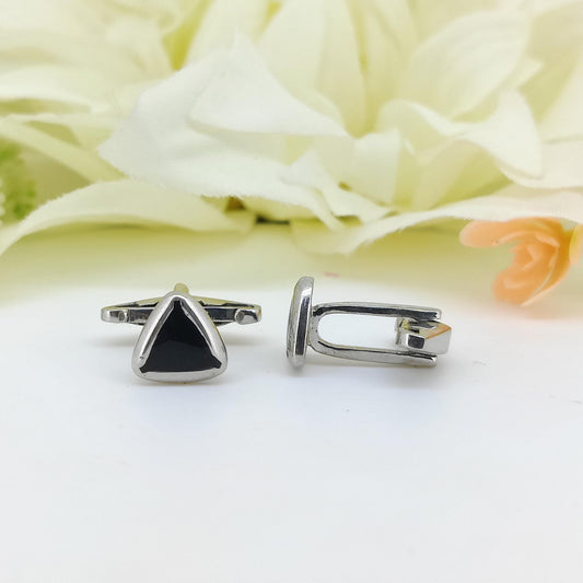 Sterling Silver Triangle Cufflinks, Black Enamel Men's Formal Jewelry