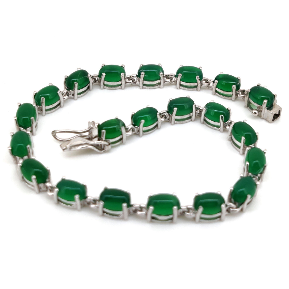 Green Onyx Oval Cabochon Tennis Bracelet, Sterling Silver, May Birthstone, Dainty Women's Jewelry