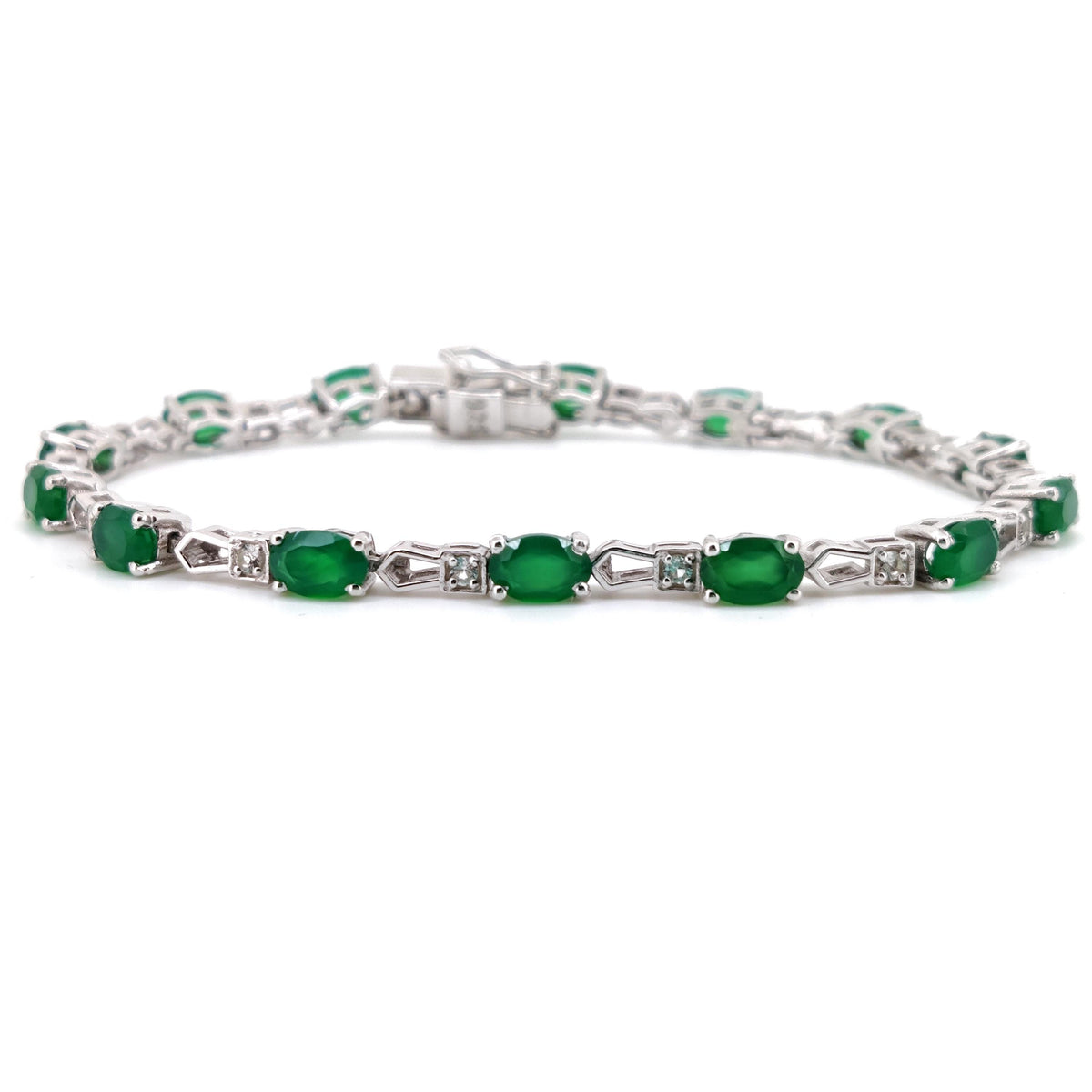 Sterling Silver Green Onyx Oval Gemstone Tennis Bracelet, May Birthstone, Layering Jewelry