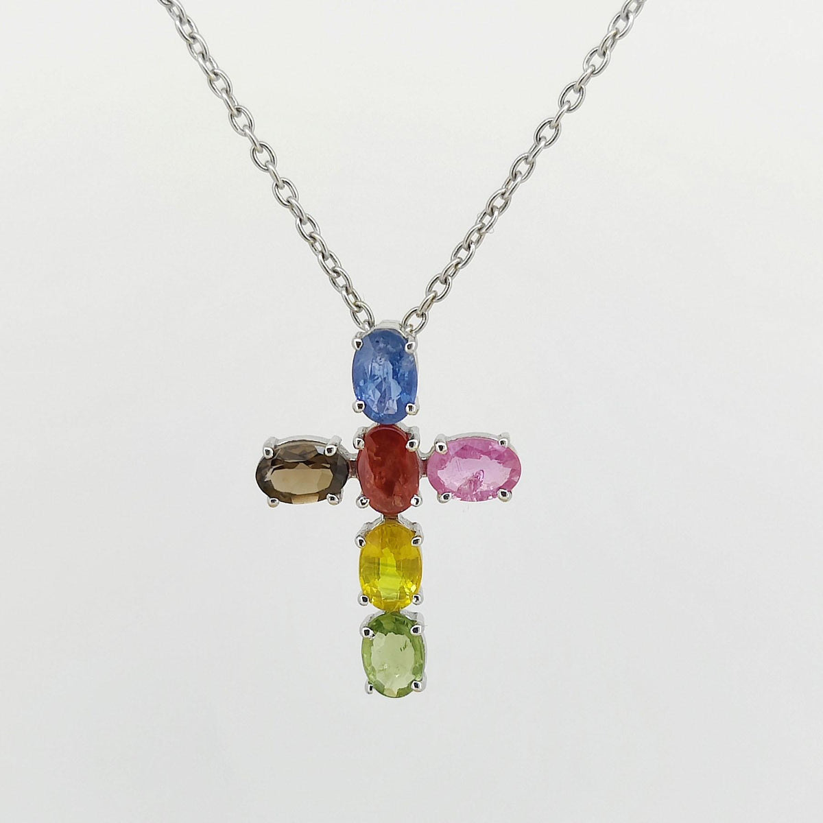 Multi Sapphire Sterling Silver Cross Pendant Necklace, Rainbow Gemstone Jewelry