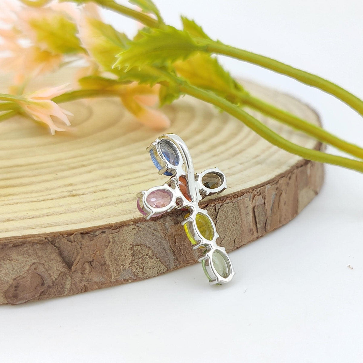 Multi Sapphire Sterling Silver Cross Pendant Necklace, Rainbow Gemstone Jewelry