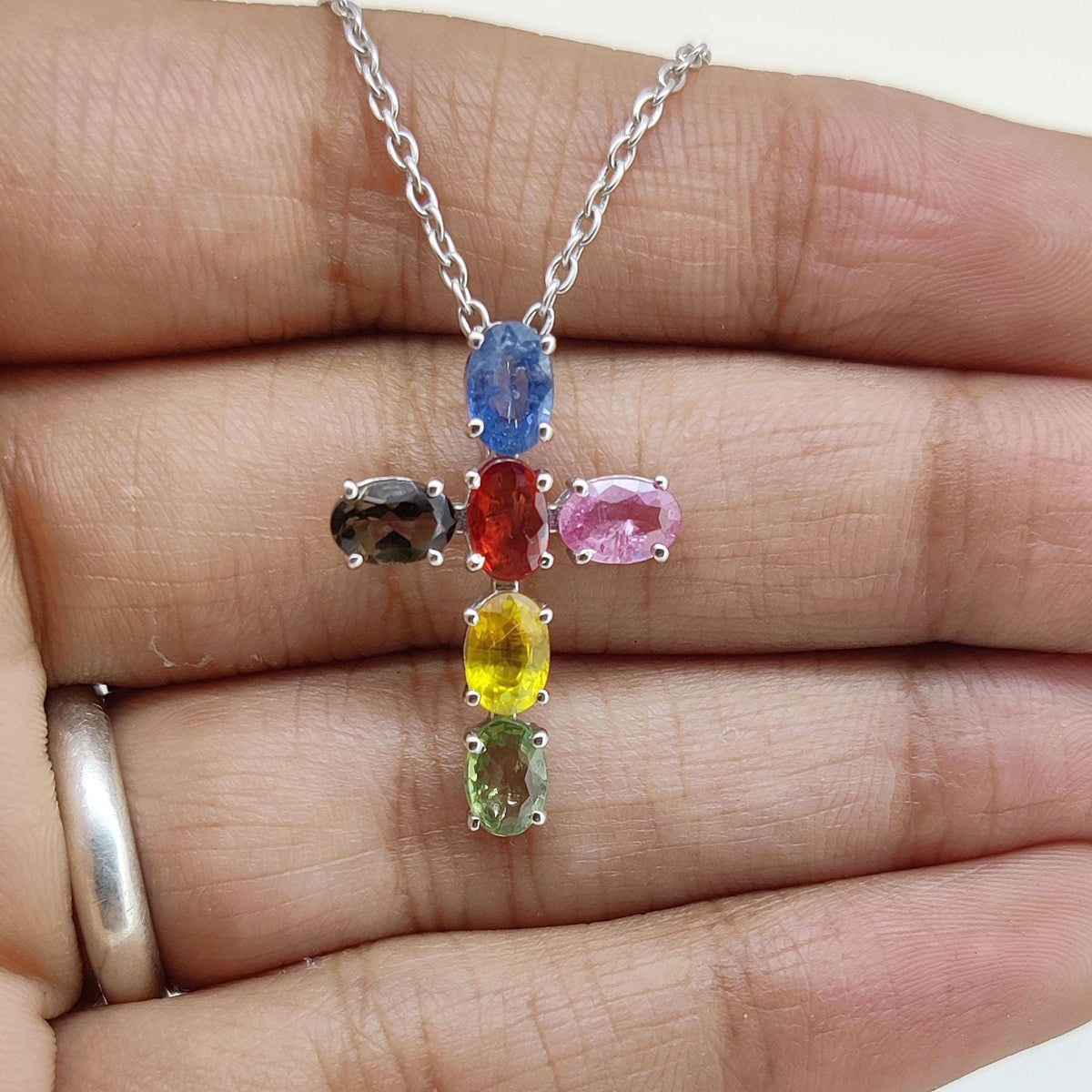 Multi Sapphire Sterling Silver Cross Pendant Necklace, Rainbow Gemstone Jewelry