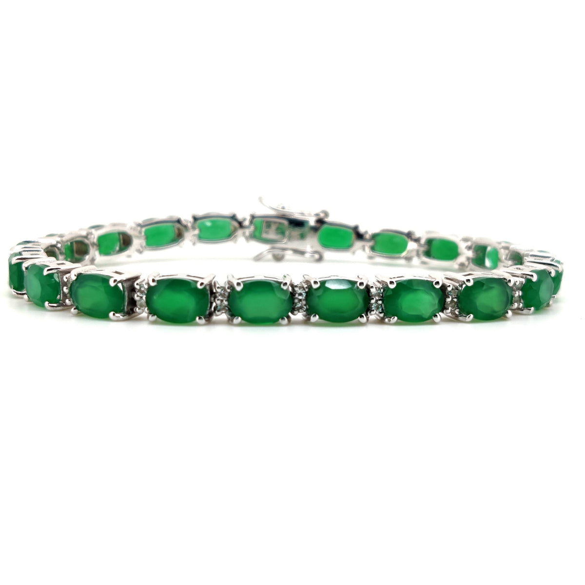 Green Onyx Tennis Bracelet, Sterling Silver, May Birthstone, Oval Cut Faceted Gemstone