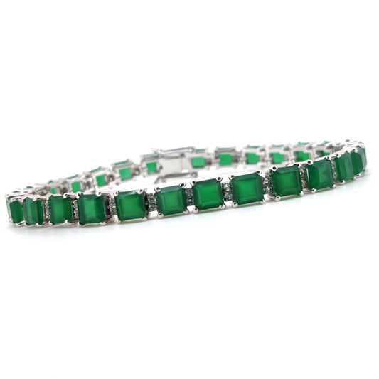 Sterling Silver Green Onyx Square Tennis Bracelet, May Birthstone, Handmade Jewelry