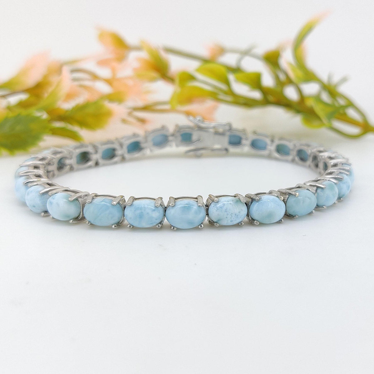 Natural Larimar Tennis Bracelet-6x4mm Oval Gemstone Bracelet-February Birthstone-925 Sterling Silver Jewelry-Blue Larimar Jewelry Gift