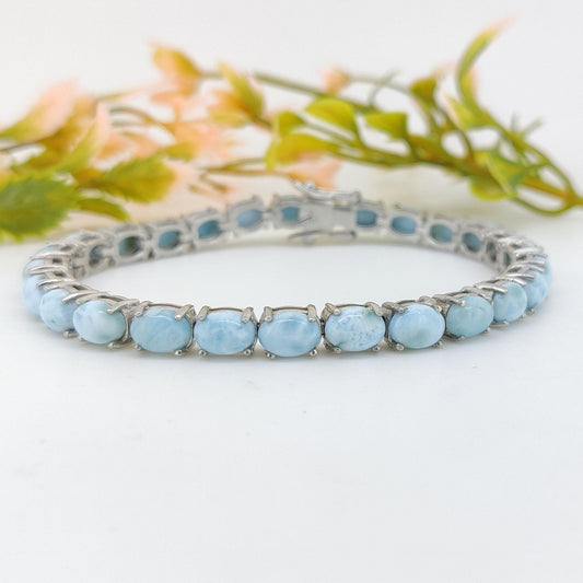 Natural Larimar Tennis Bracelet-6x4mm Oval Gemstone Bracelet-February Birthstone-925 Sterling Silver Jewelry-Blue Larimar Jewelry Gift