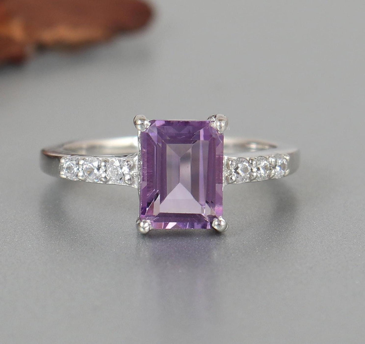 Natural Amethyst Ring-925 Sterling Silver Jewelry-Cubic Zircon-February Birthstone Jewelry-Emerald Cut Amethyst Jewelry-Gift for Birthday