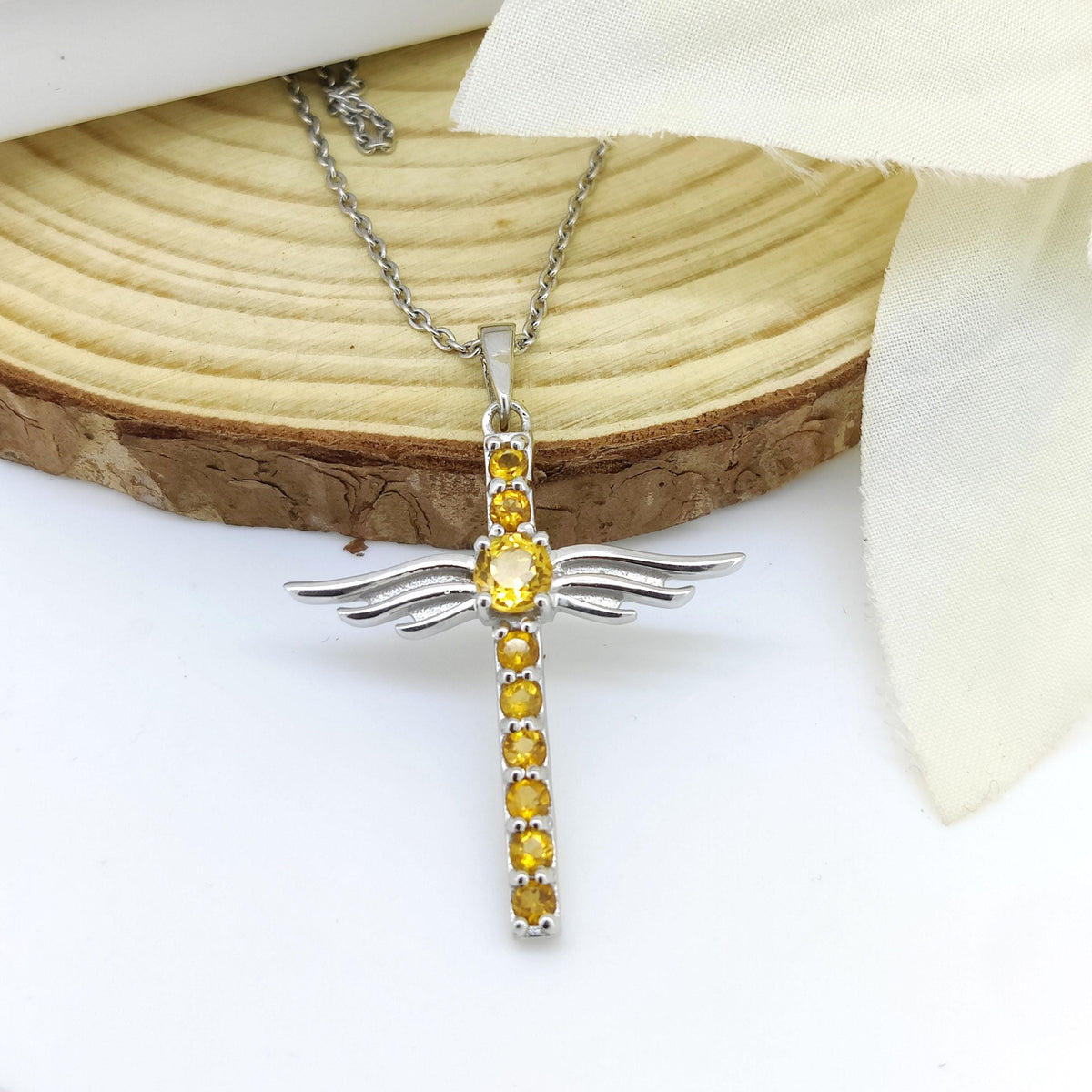 Citrine Cross Pendant: Round Gemstone, Sterling Silver November Birthstone