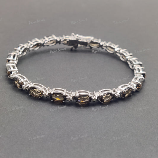 Handmade Smoky Quartz Bracelet, Dainty Oval Silver Gemstone Bracelet for Women