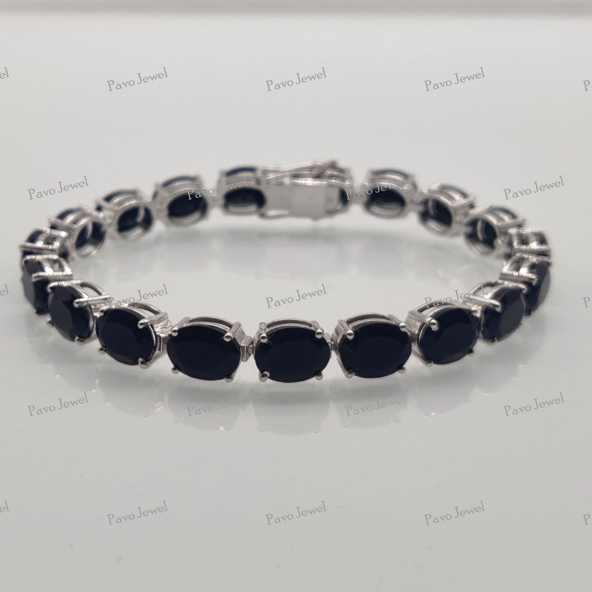 Natural Black Onyx Tennis Bracelet, Oval Cut Gemstone, Sterling Silver