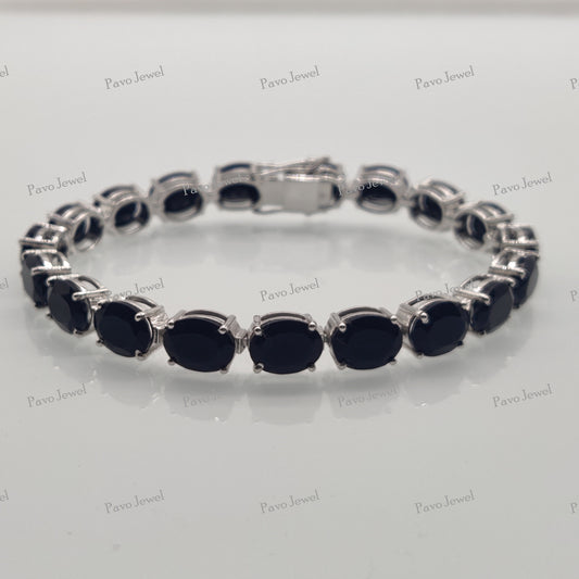 Natural Black Onyx Tennis Bracelet, Oval Cut Gemstone, Sterling Silver