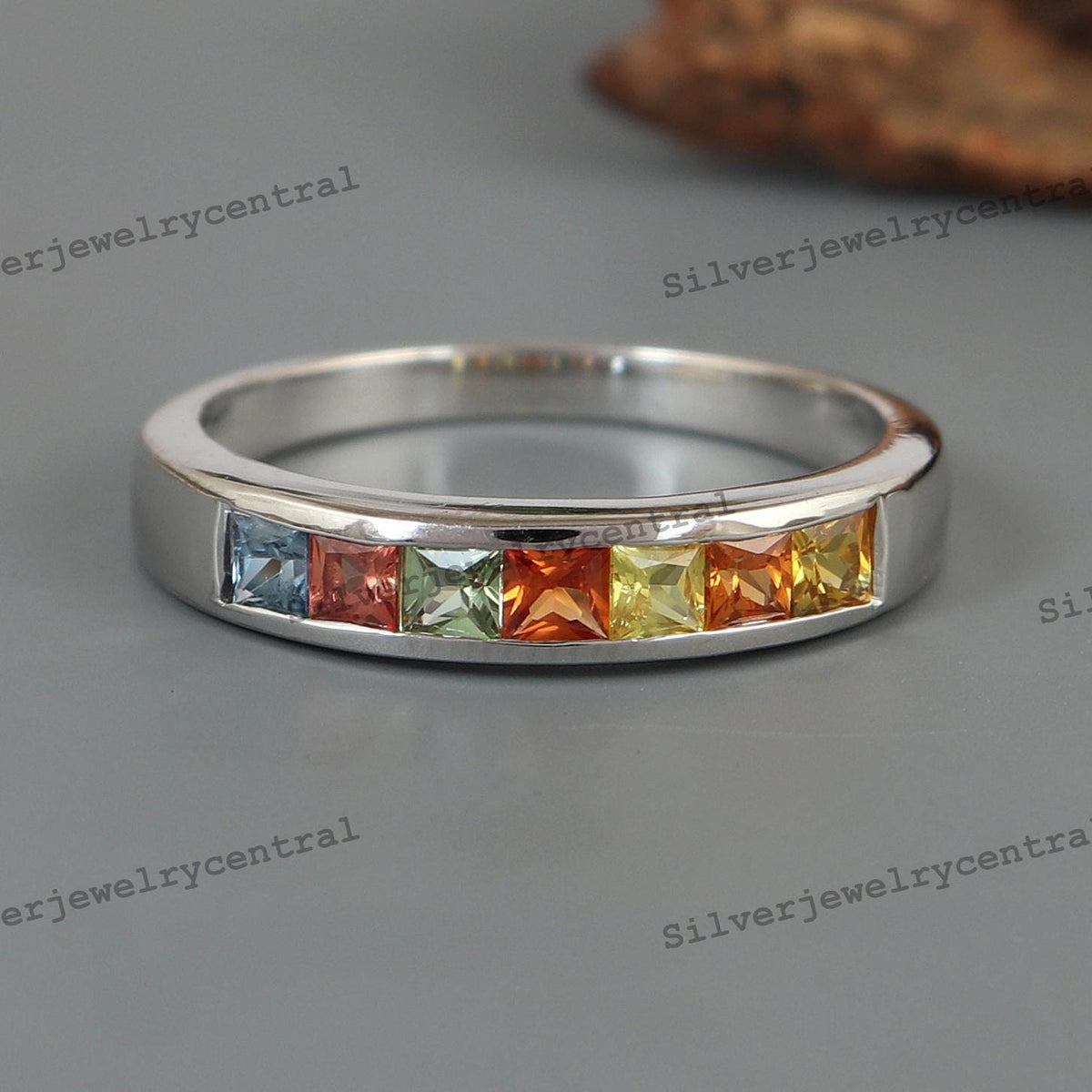 Multi Sapphire Band Ring: Square Gemstone, Sterling Silver Jewelry