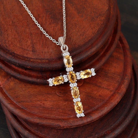 Sterling Silver Citrine Cross Necklace Catholic Gift For Her