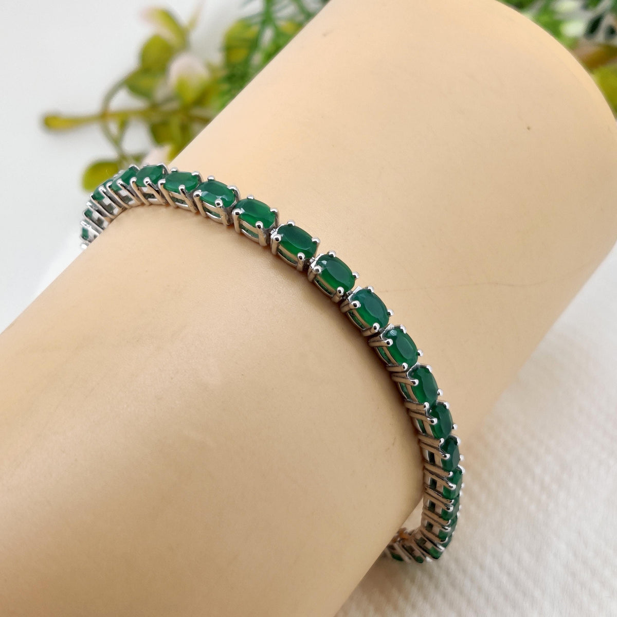 Green Onyx Sterling Silver Bracelet: Handmade May Birthstone Tennis Bracelet