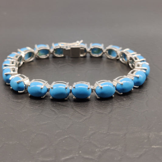 Natural Turquoise Tennis Bracelet, 925 Sterling Silver, Handmade