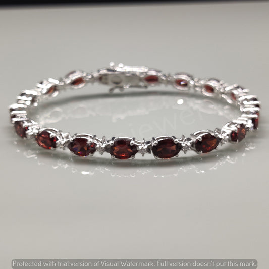 Faceted Oval Garnet Tennis Bracelet, 925 Sterling Silver