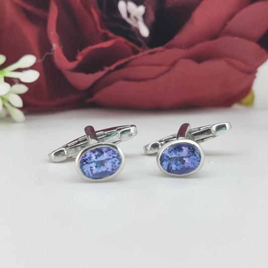 Natural Tanzanite Cufflinks-925 Sterling Silver-Oval Gemstone-December Birthstone Cufflinks-Blue Tanzanite Jewelry-Men's Accessories Gift