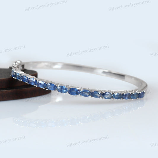 Natural Blue Sapphire Bangle Sterling Silver Handmade Gemstone Jewelry Christmas Gifts
