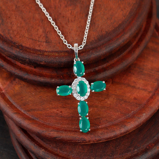 Green Onyx Cross Pendant: Sterling Silver, Holy Cross Christmas Jewelry