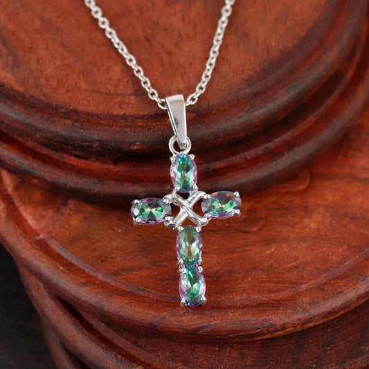 Mystic Topaz Cross Gemstone Pendant: Handmade Sterling Silver Holy Cross Christmas