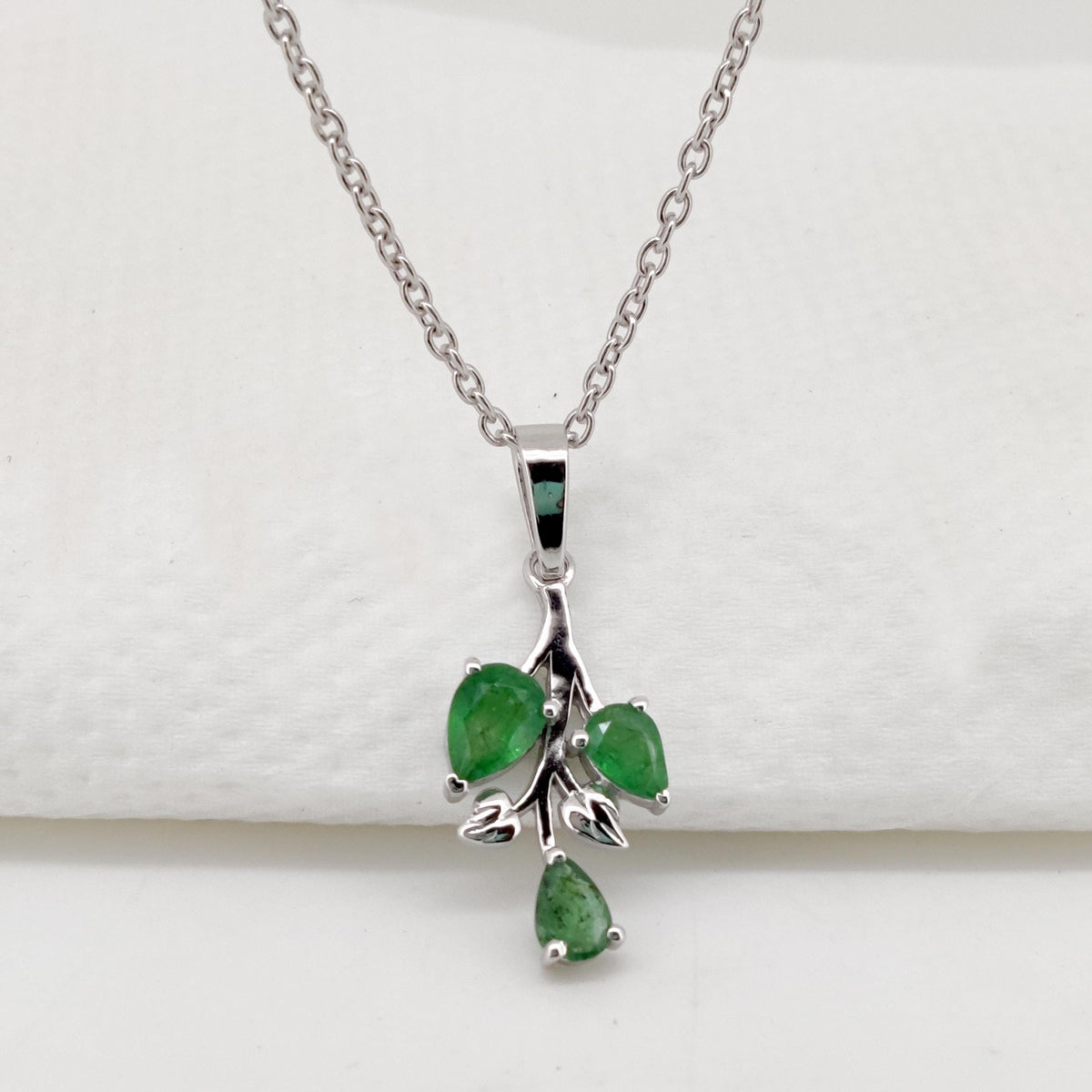 Natural Emerald Pendant, Sterling Silver Leaf Necklace, Green Emerald Jewelry, May Birthstone, Anniversary Gift