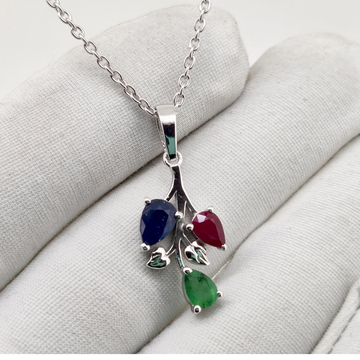 Ruby - Emerald - Sapphire Pendant, Sterling Silver Leaf Necklace, Multi Stone Birthstone Jewelry, Anniversary Gift