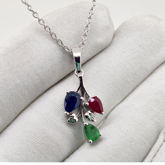 Ruby - Emerald - Sapphire Pendant, Sterling Silver Leaf Necklace, Multi Stone Birthstone Jewelry, Anniversary Gift