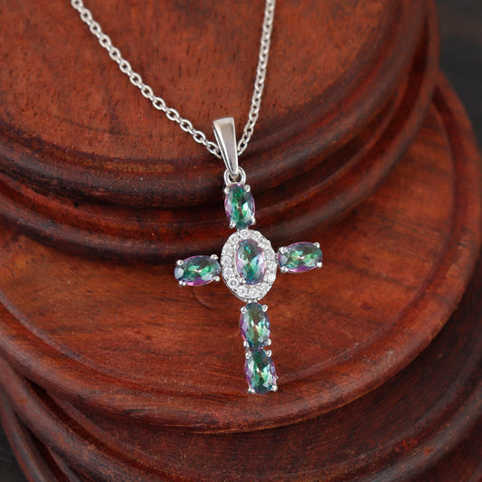 Mystic Topaz Cross Pendant: Sterling Silver, Oval Cut Holy Cross Christmas Jewelry