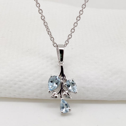 Natural Aquamarine Pendant, Sterling Silver Leaf Necklace, Aquamarine Jewelry, March Birthstone, Anniversary Gift