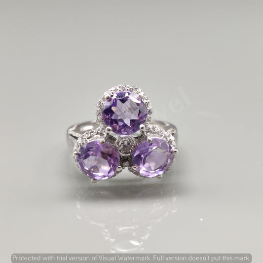 Natural Amethyst Cluster Ring, 925 Sterling Silver, Vintage Style