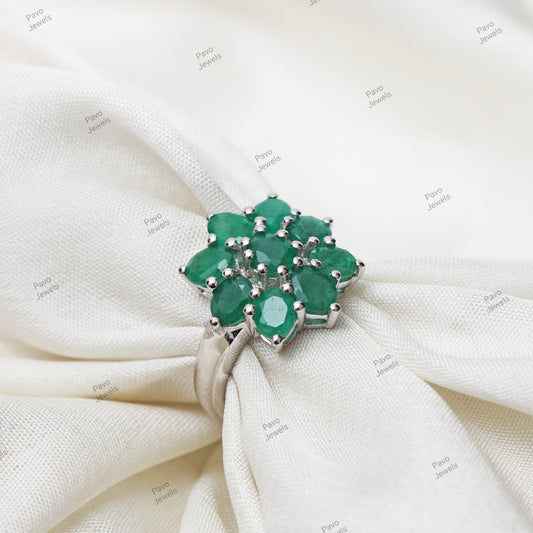 Natural Emerald Ring , 925 Sterling Silver, Green Flower Engagement , Emerald Jewelry