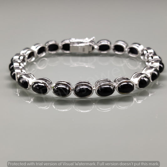 Natural Black Star Oval Cabochon Sterling Silver Bracelet, Tennis Style