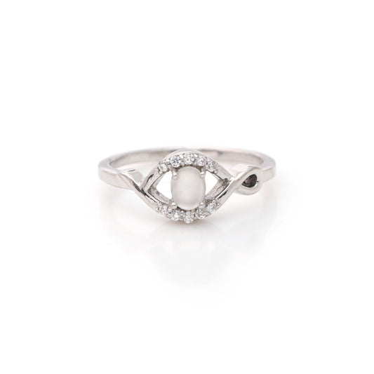 White Moonstone Ring: Oval Gemstone, Cubic Zircon, 925 Sterling Silver