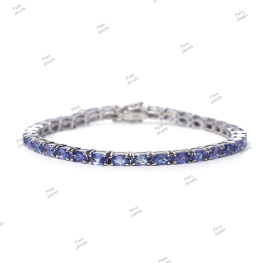 Natural Tanzanite Oval Faceted Gemstone Tennis Bracelet, 925 Sterling Silver