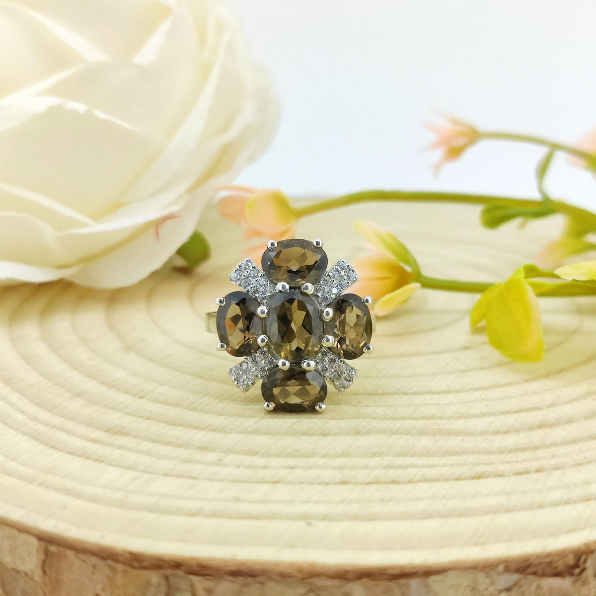 Smoky Quartz Flower Ring: Sterling Silver Gemstone, June Birthstone