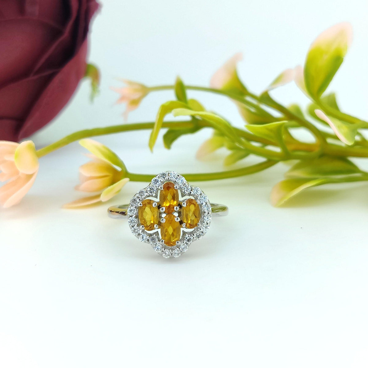 Natural Citrine Ring-Oval Cut Gemstone-925 Sterling Silver Flower Ring-November Birthstone-Yellow Citrine Jewelry-Gift for Engagement