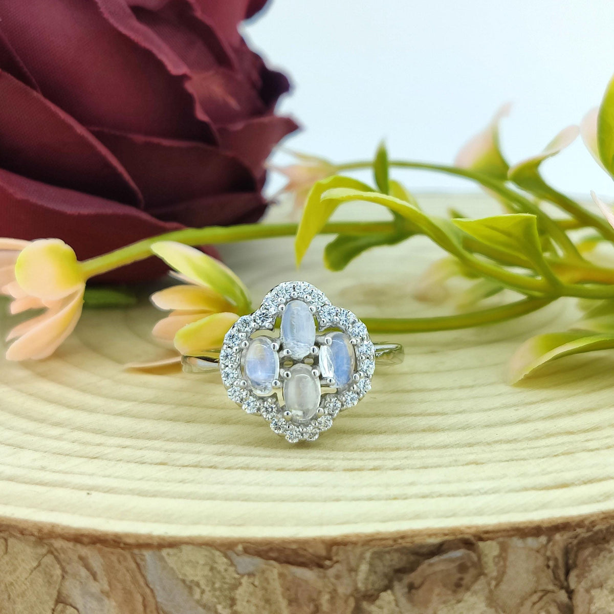 Natural Rainbow Moonstone Gemstone Ring-925 Sterling Silver-Gemstone Cluster Ring-Cubic Zircon-June Birthstone-Oval Moonstone Jewelry Gift