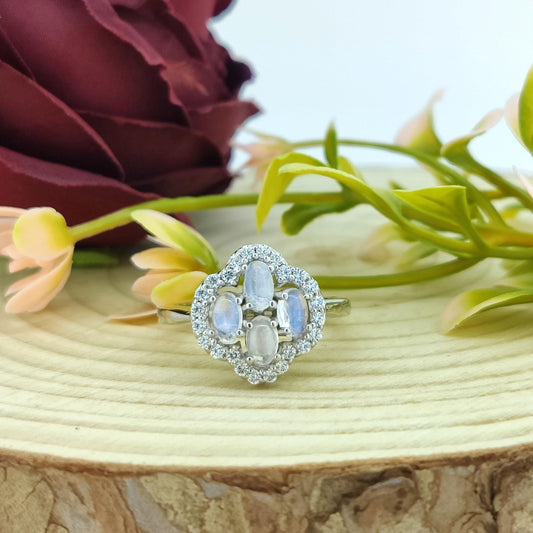Natural Rainbow Moonstone Gemstone Ring-925 Sterling Silver-Gemstone Cluster Ring-Cubic Zircon-June Birthstone-Oval Moonstone Jewelry Gift