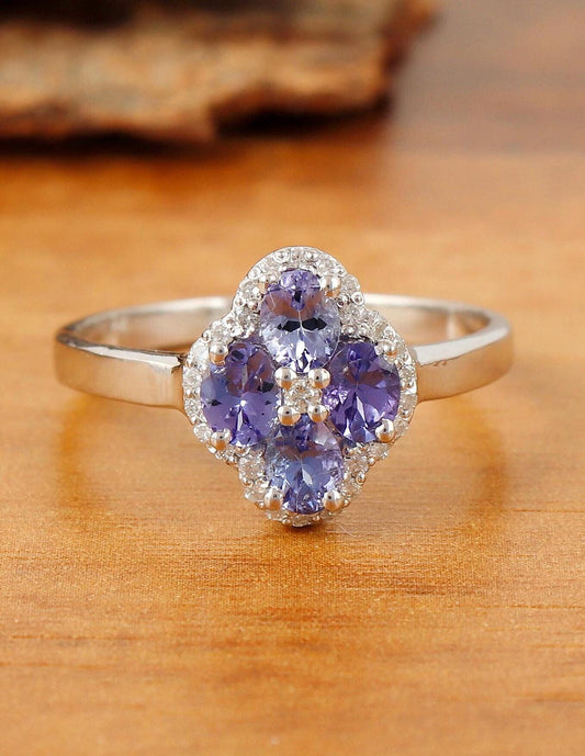 Oval Cut Tanzanite & Diamond Silver Ring Handmade December Birthstone Jewelry Gift for Her