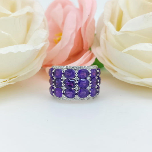 Natural African Amethyst Ring-925 Sterling Silver-Oval Gemstone Ring-February Birthstone Jewelry-Cubic Zircon-Purple Amethyst Jewelry Gift