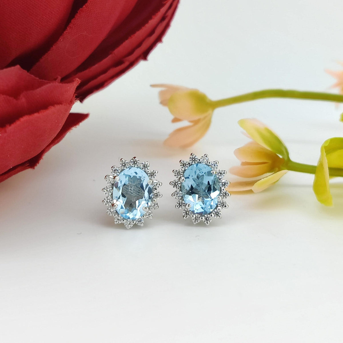 Genuine "Blue Topaz" Stud Earring-Gemstone Cluster Earring-Blue Topaz Jewelry-Cubic Zircon-925 Sterling Silver-December Birthstone Jewelry