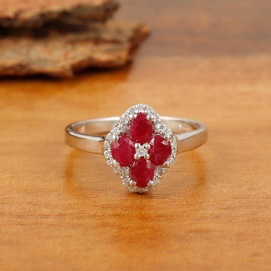 Natural Ruby Sterling Silver Ring: July Birthstone, Gemstone Cluster