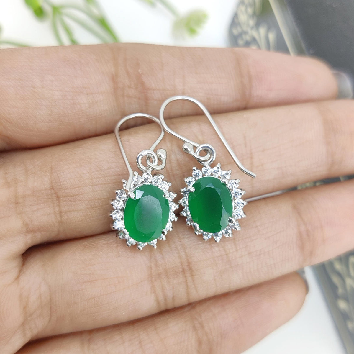 Green Onyx Sterling Silver Earrings: May Birthstone Dangle Drop Jewelry