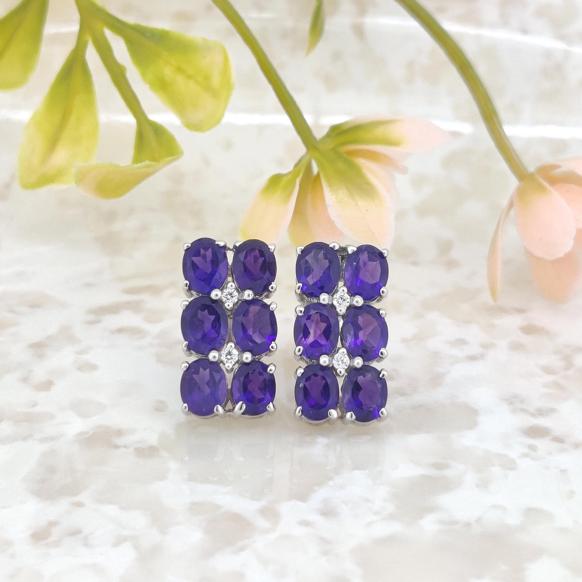 Natural African Amethyst Stud Earring-Oval Gemstone-925 Sterling Silver Jewelry-Cubic Zircon-February Birthstone Jewelry-Amethyst Earring